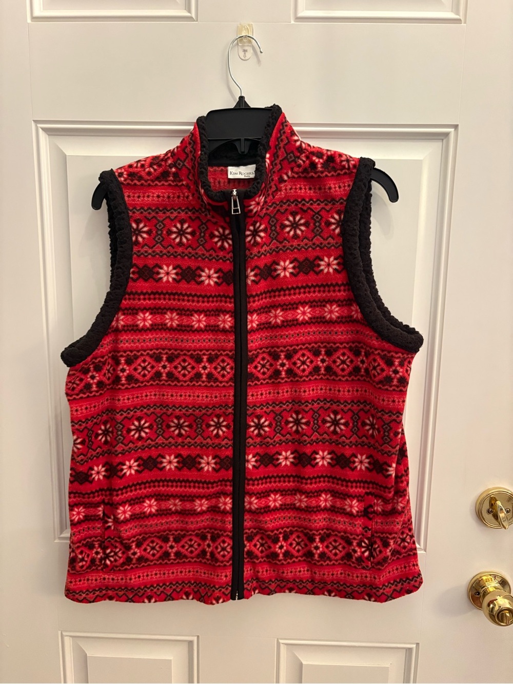 Kim Rogers Red Patterned Fleece Vest with Black Trim